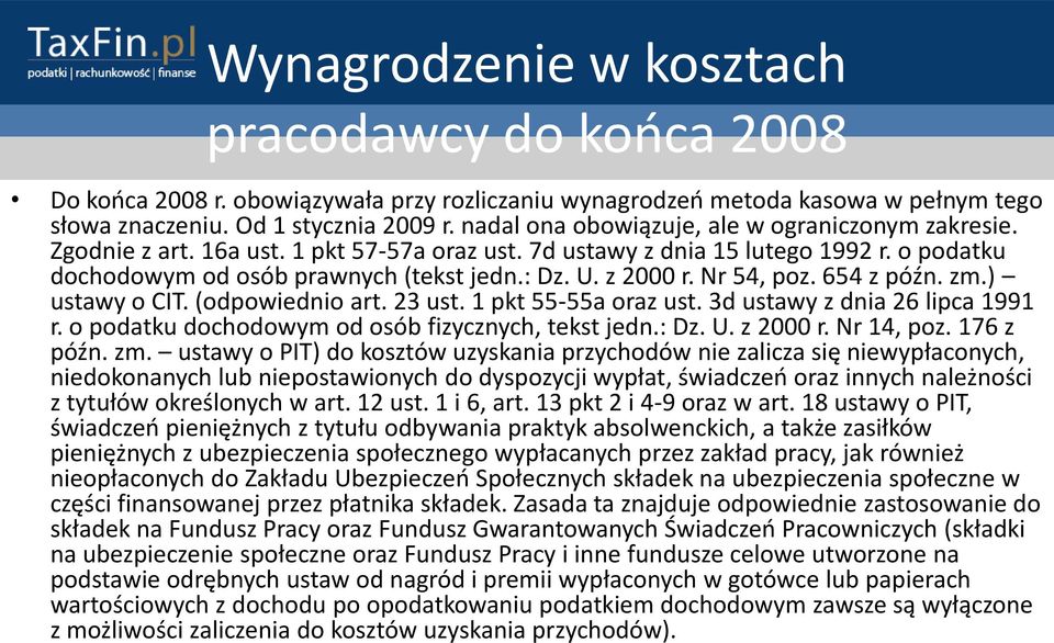 z 2000 r. Nr 54, poz. 654 z późn. zm.) ustawy o CIT. (odpowiednio art. 23 ust. 1 pkt 55-55a oraz ust. 3d ustawy z dnia 26 lipca 1991 r. o podatku dochodowym od osób fizycznych, tekst jedn.: Dz. U.