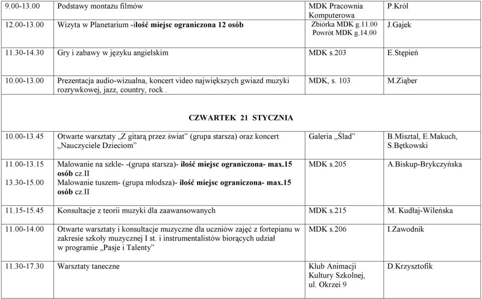 Ziąber CZWARTEK 21 STYCZNIA 10.00-13.45 Otwarte warsztaty Z gitarą przez świat (grupa starsza) oraz koncert Nauczyciele Dzieciom Galeria Ślad B.Misztal, E.Makuch, S.Bętkowski 11.00-13.15 13.30-15.