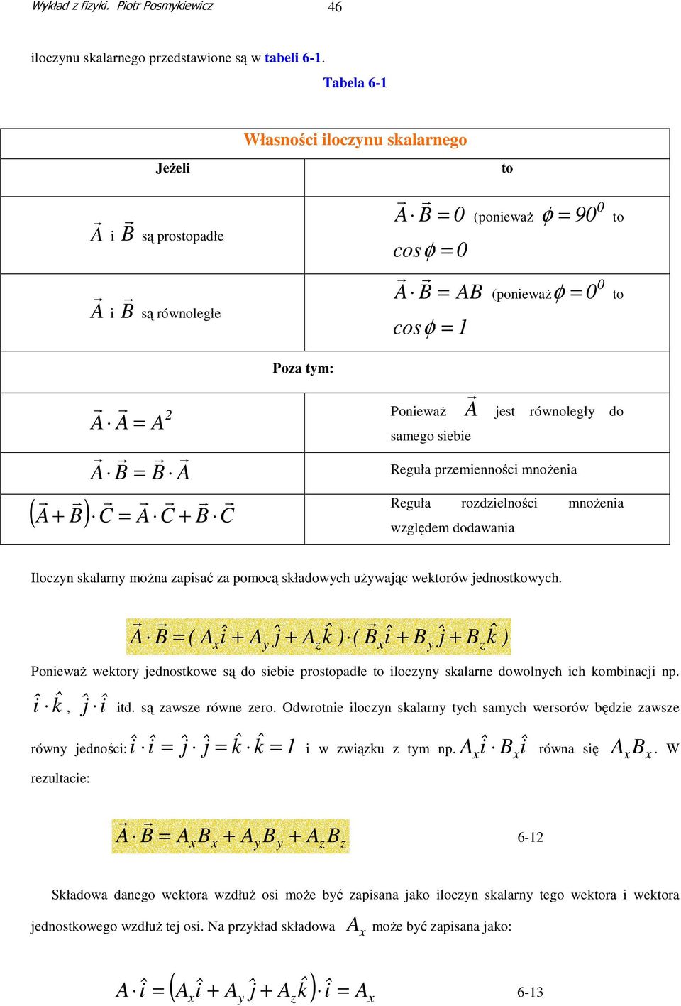 amego ebe Reguła pzemennośc mnoŝena ( A + B) C Reguła ozdzelnośc mnoŝena względem dodawana Iloczyn kalany moŝna zapać za pomocą kładowych uŝywając wektoów jednotkowych.