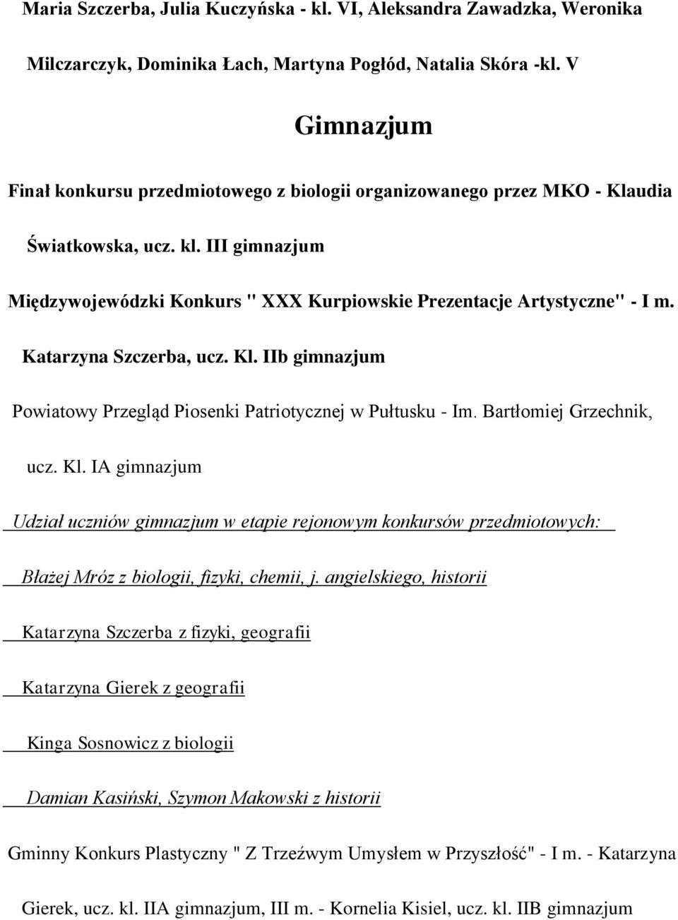 Katarzyna Szczerba, ucz. Kl. IIb gimnazjum Powiatowy Przegląd Piosenki Patriotycznej w Pułtusku - Im. Bartłomiej Grzechnik, ucz. Kl. IA gimnazjum Udział uczniów gimnazjum w etapie rejonowym konkursów przedmiotowych: Błażej Mróz z biologii, fizyki, chemii, j.