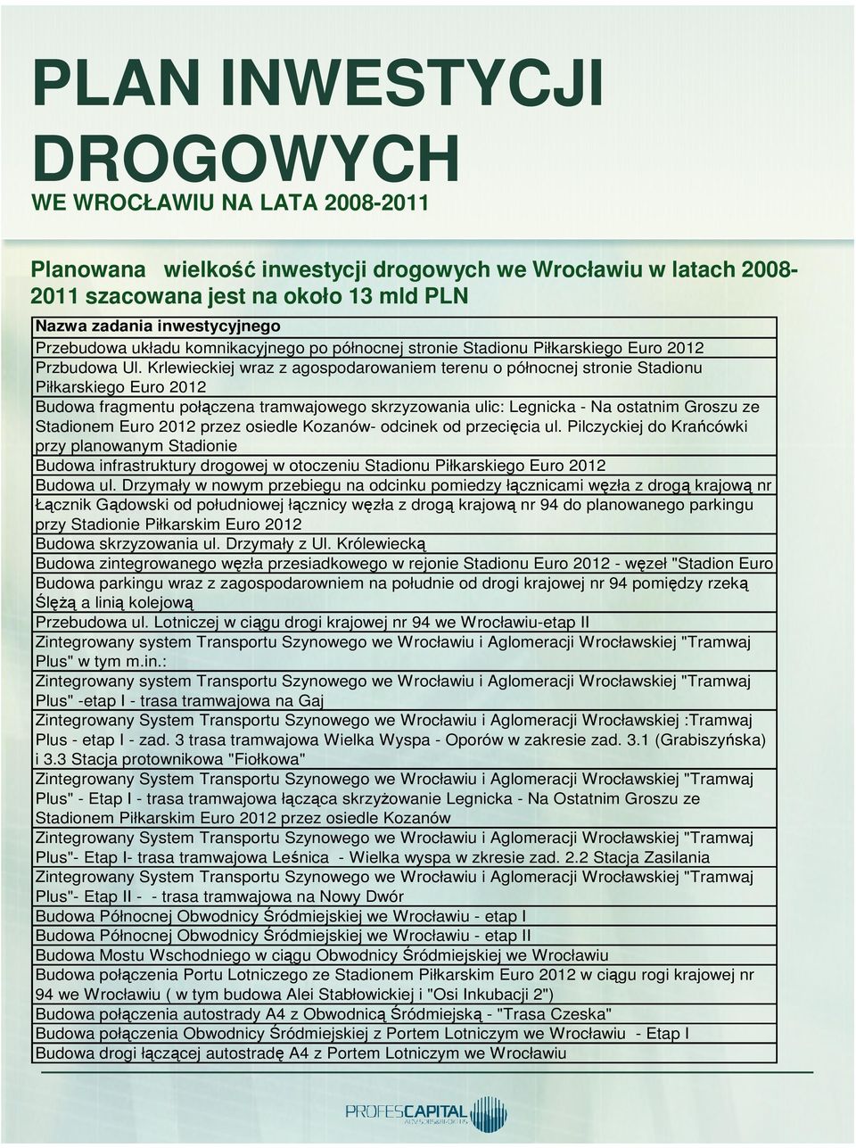 Krlewieckiej wraz z agospodarowaniem terenu o północnej stronie Stadionu Piłkarskiego Euro 2012 Budowa fragmentu połączena tramwajowego skrzyzowania ulic: Legnicka - Na ostatnim Groszu ze Stadionem