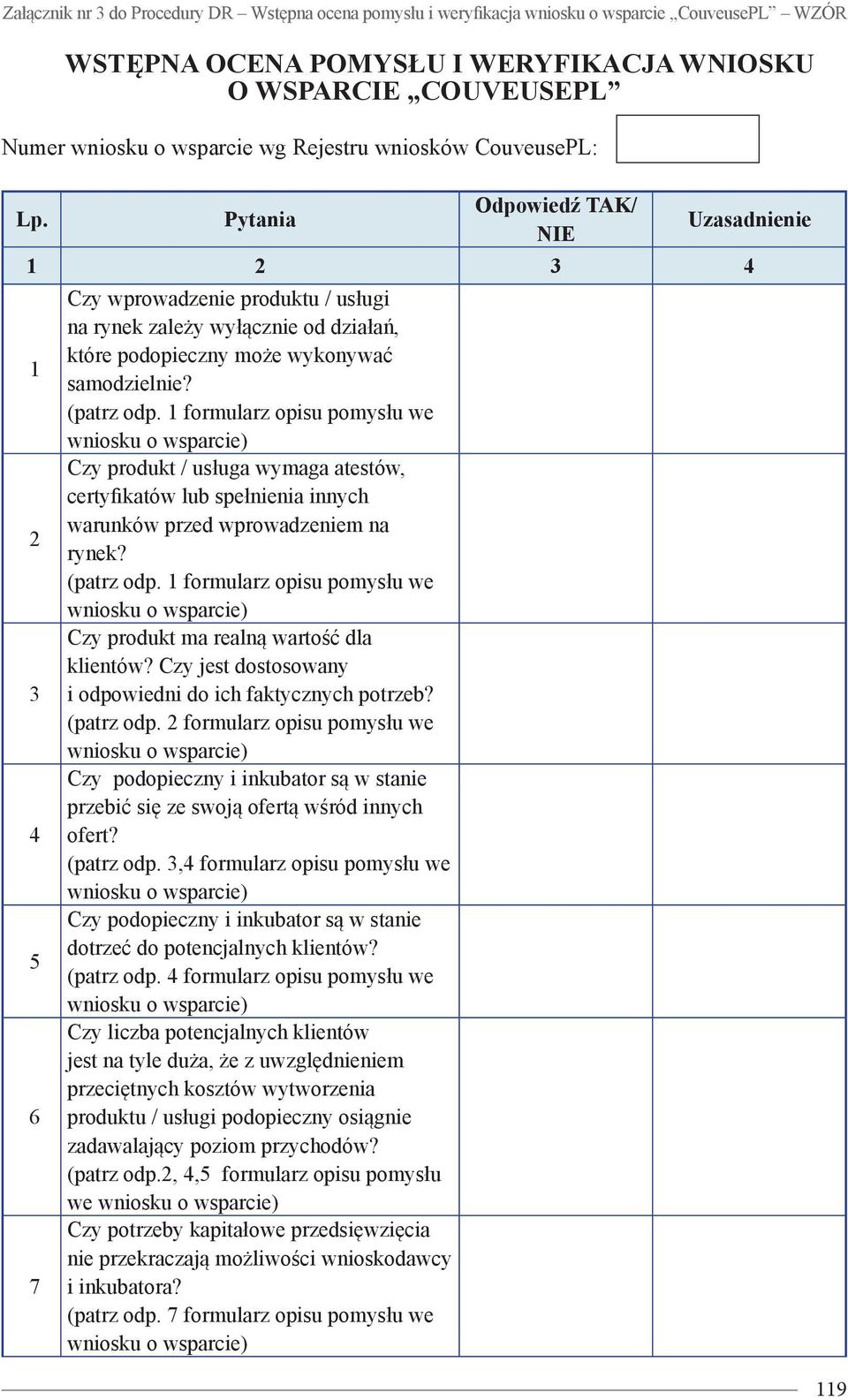 Pytania Odpowiedź TAK/ NIE Uzasadnienie 1 2 3 4 1 2 3 4 5 6 7 Czy wprowadzenie produktu / usługi na rynek zależy wyłącznie od działań, które podopieczny może wykonywać samodzielnie? (patrz odp.