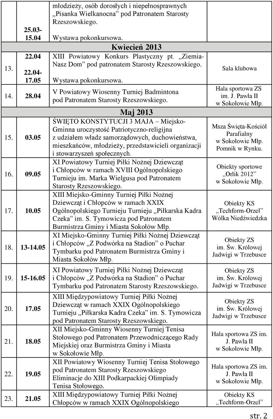 Ziemia- Nasz Dom pod patronatem Starosty V Powiatowy Wiosenny Turniej Badmintona Maj 2013 ŚWIĘTO KONSTYTUCJI 3 MAJA Miejsko- Gminna uroczystość Patriotyczno-religijna z udziałem władz samorządowych,