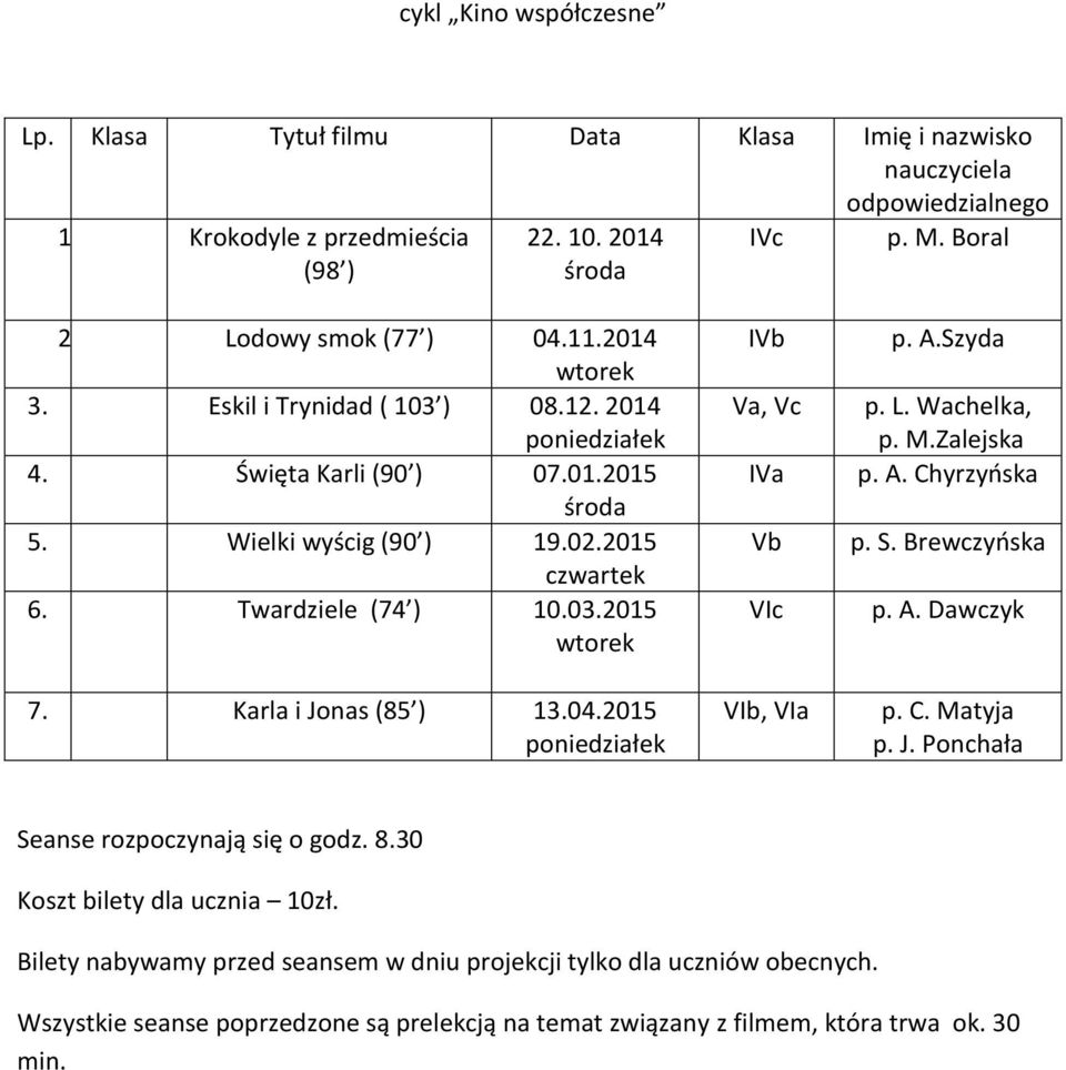 Karla i Jonas (85 ) 13.04.2015 poniedziałek IVb Va, Vc IVa Vb VIc VIb, VIa p. A.Szyda p. L. Wachelka, p. M.Zalejska p. A. Chyrzyńska p. S. Brewczyńska p. A. Dawczyk p. C. Matyja p. J. Ponchała Seanse rozpoczynają się o godz.