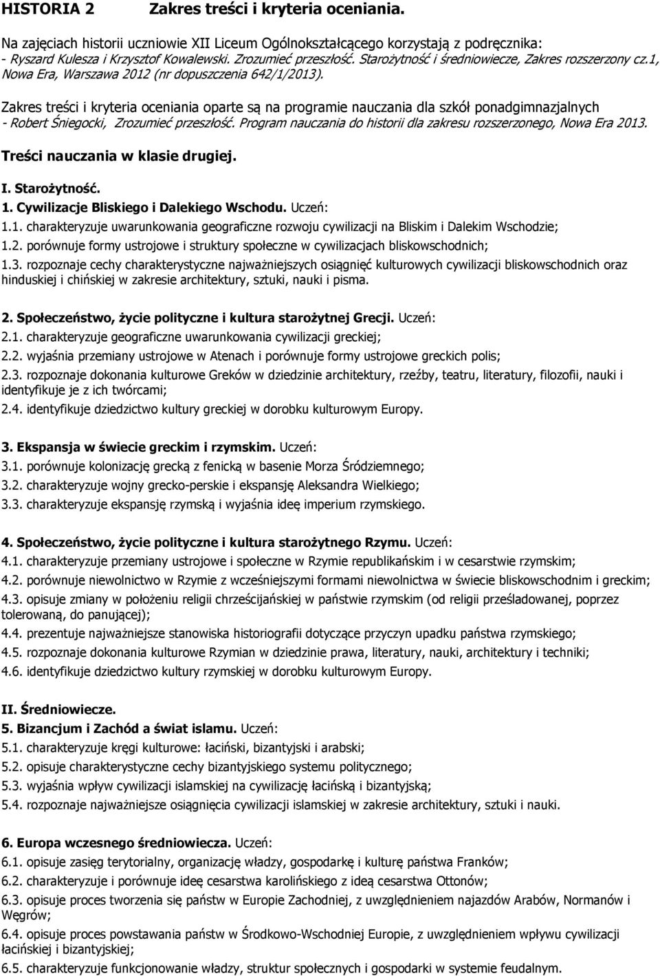 Zakres treści i kryteria oceniania oparte są na programie nauczania dla szkół ponadgimnazjalnych - Robert Śniegocki, Zrozumieć przeszłość.