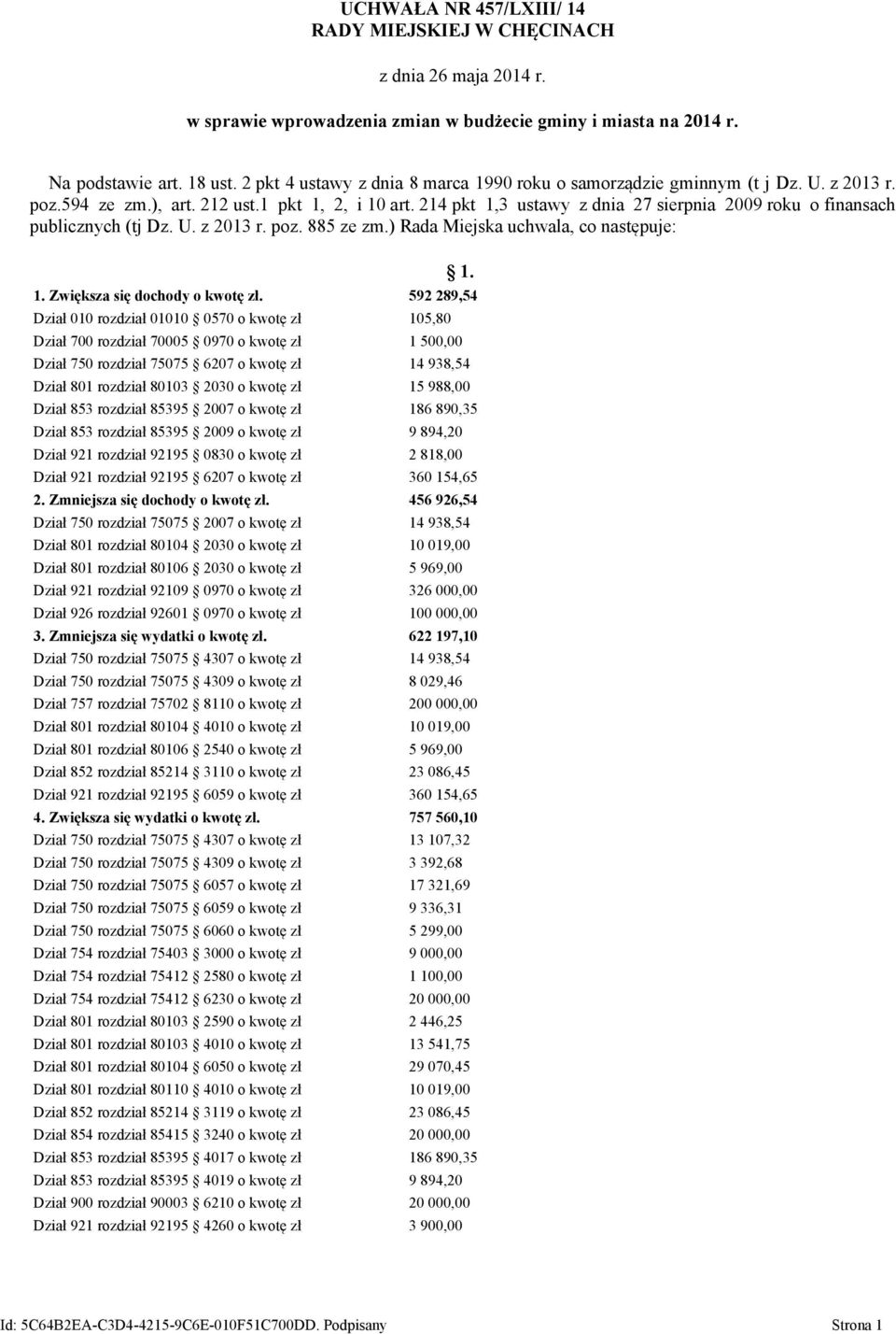 214 pkt 1,3 ustawy z dnia 27 sierpnia 2009 roku o finansach publicznych (tj Dz. U. z 2013 r. poz. 885 ze zm.) Rada Miejska uchwala, co następuje: 1. 1. Zwiększa się dochody o kwotę zł.