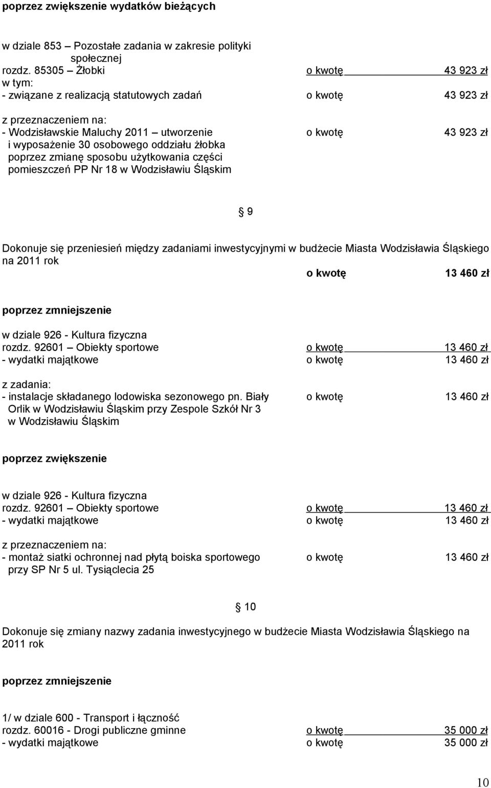 zmianę sposobu użytkowania części pomieszczeń PP Nr 18 w Wodzisławiu Śląskim 9 Dokonuje się przeniesień między zadaniami inwestycyjnymi w budżecie Miasta Wodzisławia Śląskiego na 2011 rok o kwotę 13