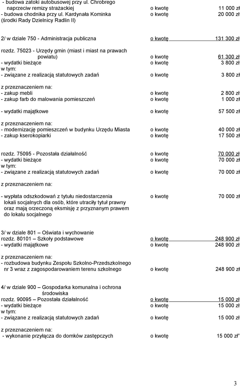 75023 Urzędy gmin (miast i miast na prawach powiatu) o kwotę 61 300 zł wydatki bieżące o kwotę 3 800 zł związane z realizacją statutowych zadań o kwotę 3 800 zł zakup mebli o kwotę 2 800 zł zakup