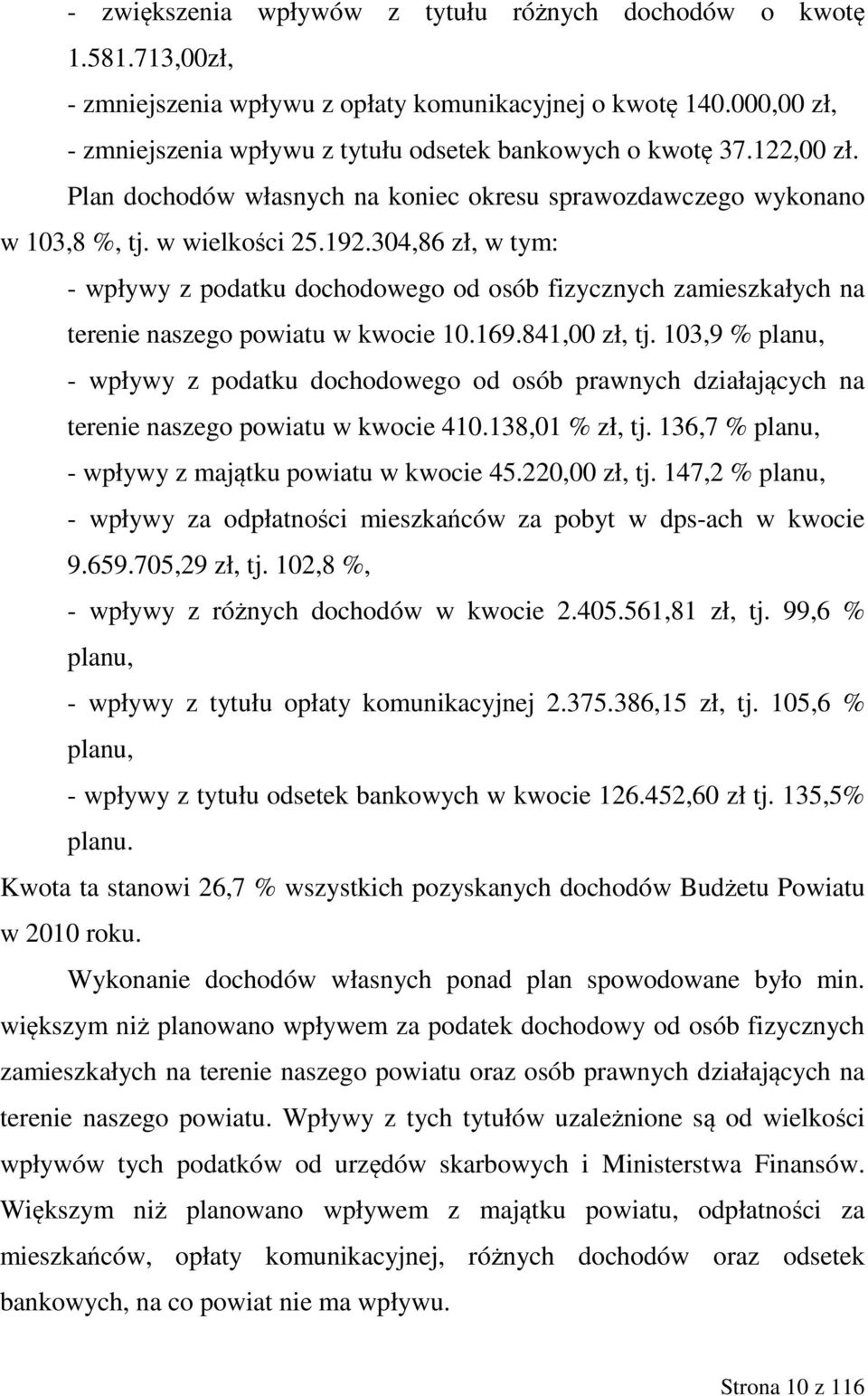 304,86 zł, w tym: - wpływy z podatku dochodowego od osób fizycznych zamieszkałych na terenie naszego powiatu w kwocie 10.169.841,00 zł, tj.