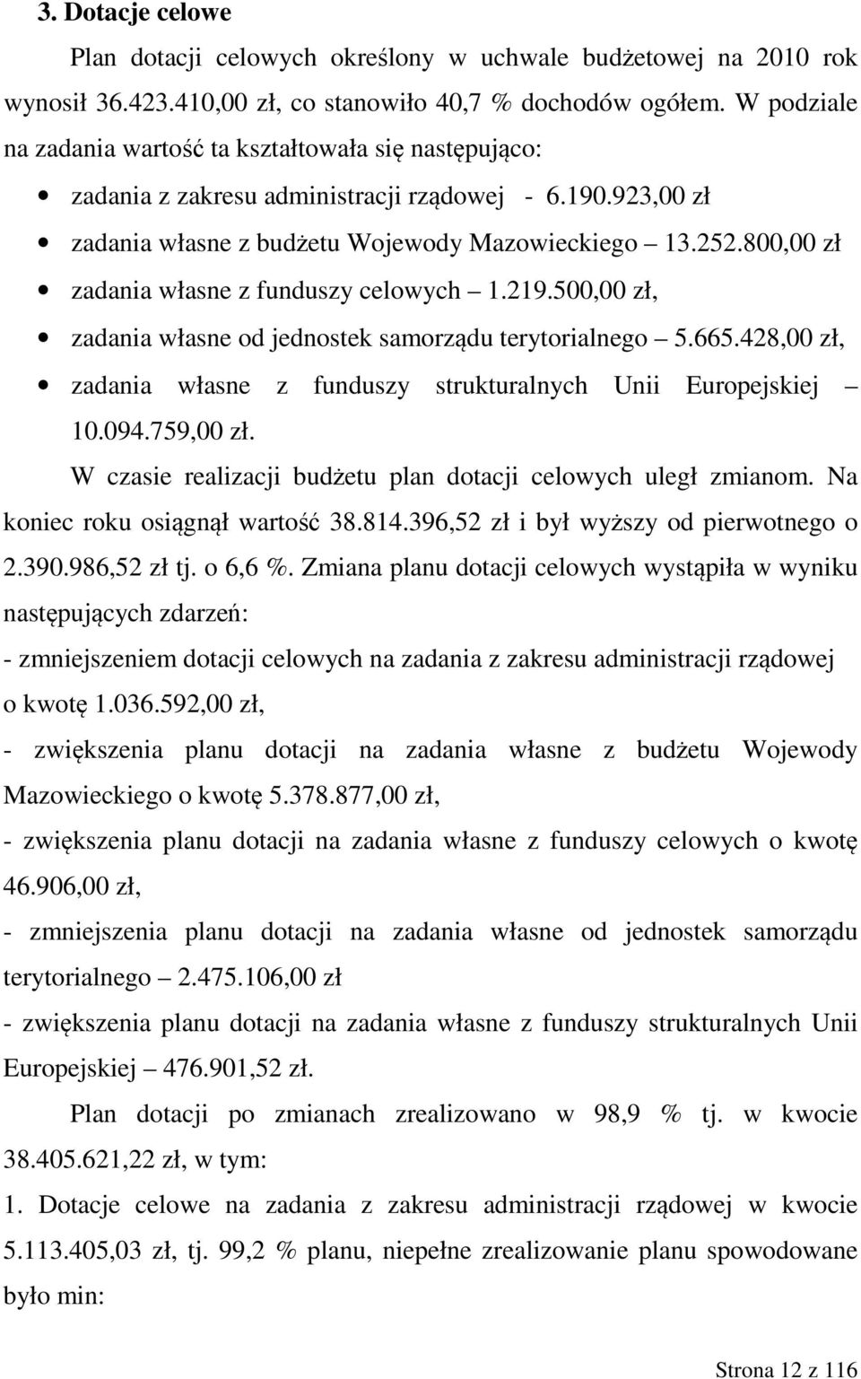 800,00 zł zadania własne z funduszy celowych 1.219.500,00 zł, zadania własne od jednostek samorządu terytorialnego 5.665.428,00 zł, zadania własne z funduszy strukturalnych Unii Europejskiej 10.094.