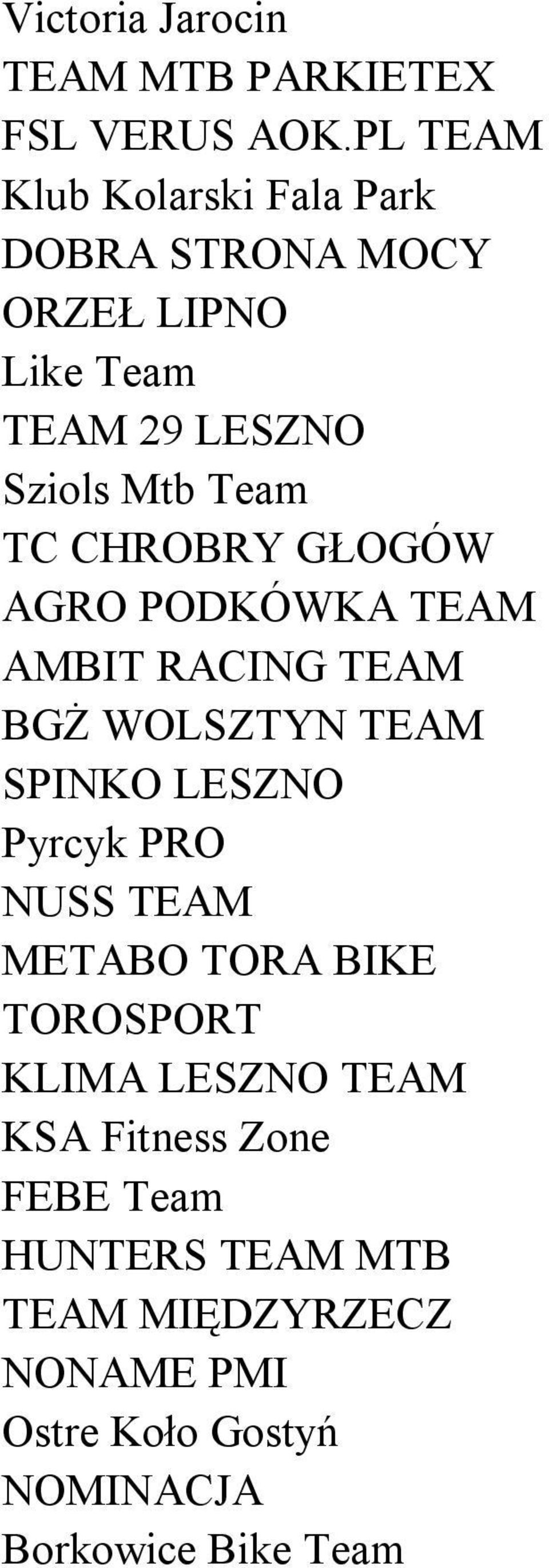 CHROBRY GŁOGÓW AGRO PODKÓWKA TEAM AMBIT RACING TEAM BGŻ WOLSZTYN TEAM SPINKO LESZNO Pyrcyk PRO NUSS TEAM