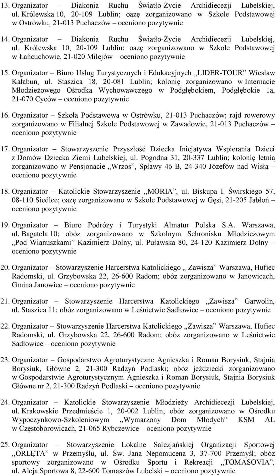 Organizator Biuro Usług Turystycznych i Edukacyjnych LIDER-TOUR Wiesław Kałabun, ul.