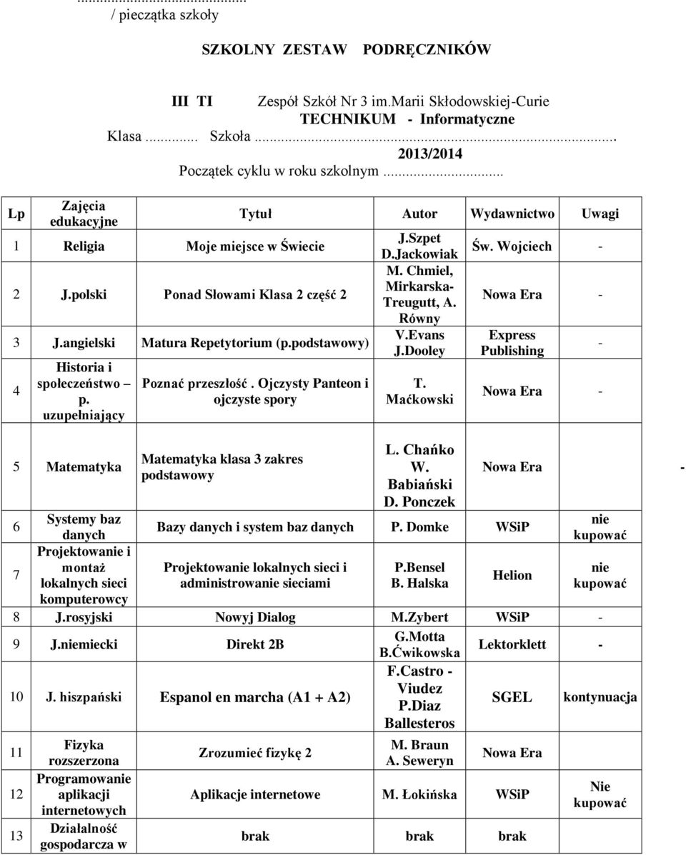 Ojczysty Panteon i ojczyste spory Matematyka klasa 3 zakres podstawowy 10 J. hiszpański Espanol en marcha (A1 + A2) D.Jackowiak M. Chmiel, Mirkarska- Treugutt, A. Równy V.Evans J.Dooley T.