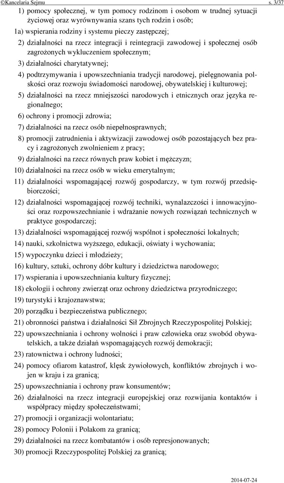 na rzecz integracji i reintegracji zawodowej i społecznej osób zagrożonych wykluczeniem społecznym; 3) działalności charytatywnej; 4) podtrzymywania i upowszechniania tradycji narodowej,