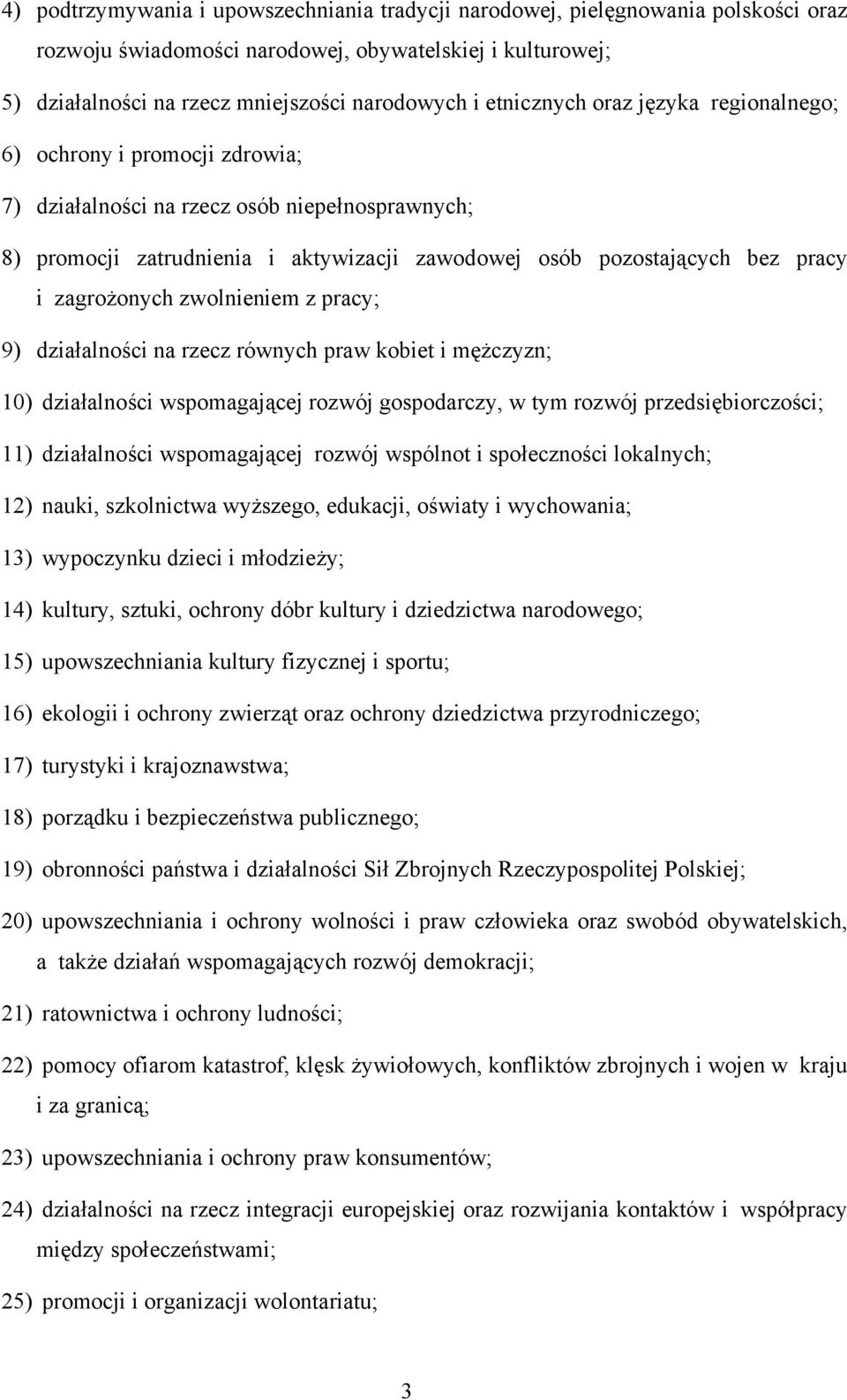 zagrożonych zwolnieniem z pracy; 9) działalności na rzecz równych praw kobiet i mężczyzn; 10) działalności wspomagającej rozwój gospodarczy, w tym rozwój przedsiębiorczości; 11) działalności