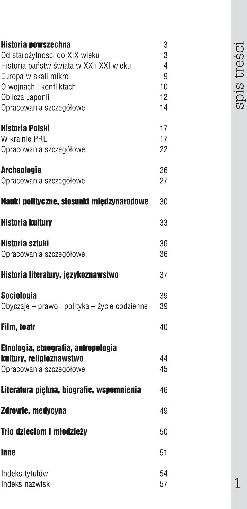 na ro do we 30 Hi sto ria kul tu ry 33 Hi sto ria sztu ki 36 Opra co wa nia szcze gó ło we 36 Hi sto ria li te ra tu ry, ję zy ko znaw stwo 37 So cjo lo gia 39 Oby cza je pra wo i po li ty ka ży cie