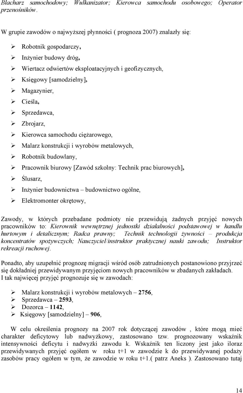 Magazynier, Cieśla, Sprzedawca, Zbrojarz, Kierowca samochodu ciężarowego, Malarz onstrucji i wyrobów metalowych, Robotni budowlany, Pracowni biurowy [Zawód szolny: Techni prac biurowych], Ślusarz,