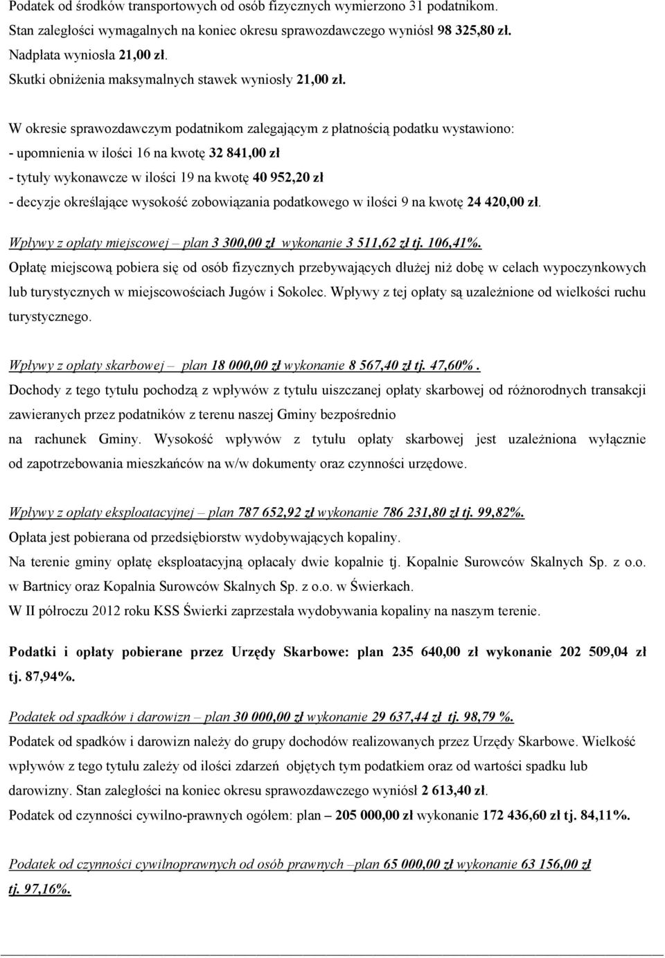 W okresie sprawozdawczym podatnikom zalegającym z płatnością podatku wystawiono: - upomnienia w ilości 16 na kwotę 32 841,00 zł - tytuły wykonawcze w ilości 19 na kwotę 40 952,20 zł - decyzje