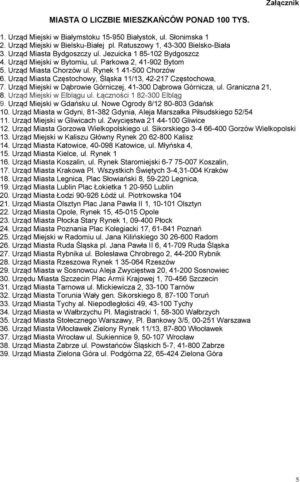 Urząd Miasta Częstochowy, Śląska 11/13, 42-217 Częstochowa, 7. Urząd Miejski w Dąbrowie Górniczej, 41-300 Dąbrowa Górnicza, ul. Graniczna 21, 8. Urząd Miejski w Elblągu ul.