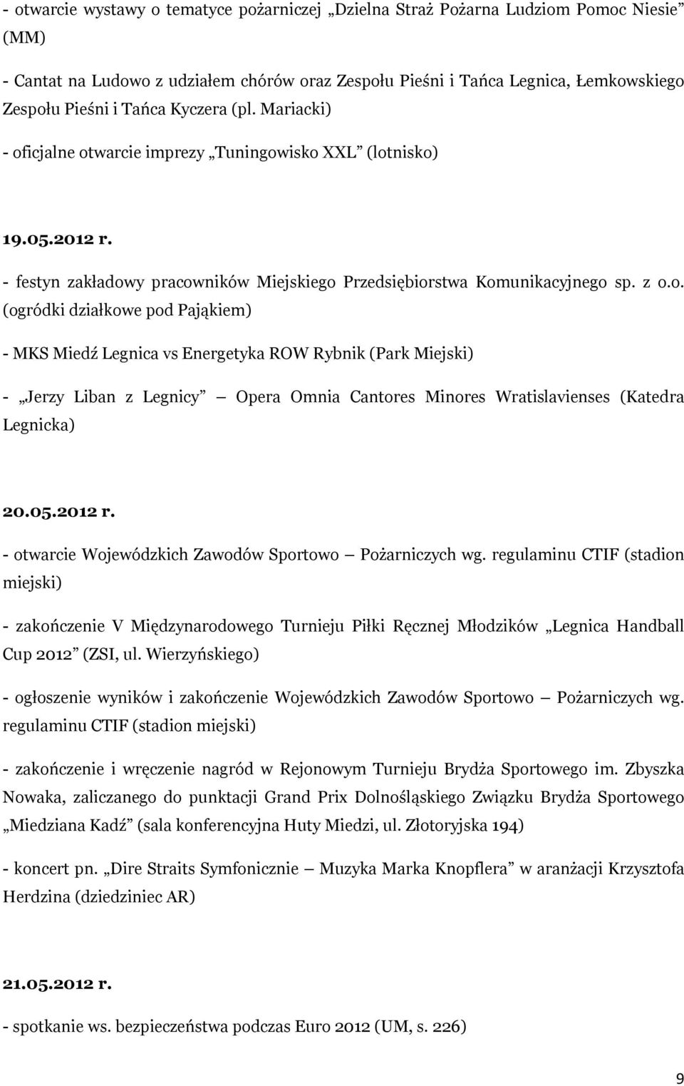 icjalne otwarcie imprezy Tuningowisko XXL (lotnisko) 19.05.2012 r. - festyn zakładowy pracowników Miejskiego Przedsiębiorstwa Komunikacyjnego sp. z o.o. (ogródki działkowe pod Pająkiem) - MKS Miedź Legnica vs Energetyka ROW Rybnik (Park Miejski) - Jerzy Liban z Legnicy Opera Omnia Cantores Minores Wratislavienses (Katedra Legnicka) 20.