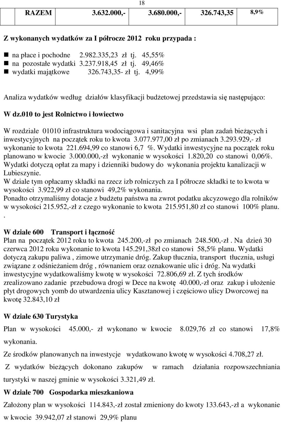 010 to jest Rolnictwo i łowiectwo W rozdziale 01010 infrastruktura wodociągowa i sanitacyjna wsi plan zadań bieŝących i inwestycyjnych na początek roku to kwota 3.077.977,00 zł po zmianach 3.293.