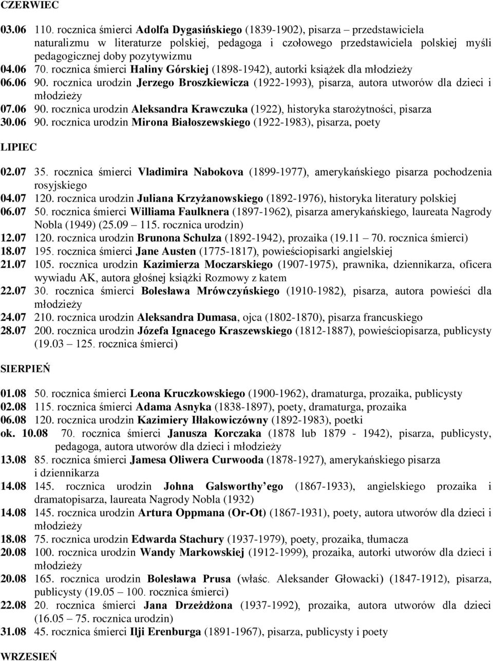 06 70. rocznica śmierci Haliny Górskiej (1898-1942), autorki książek dla 06.06 90. rocznica urodzin Jerzego Broszkiewicza (1922-1993), pisarza, autora utworów dla dzieci i 07.06 90. rocznica urodzin Aleksandra Krawczuka (1922), historyka starożytności, pisarza 30.