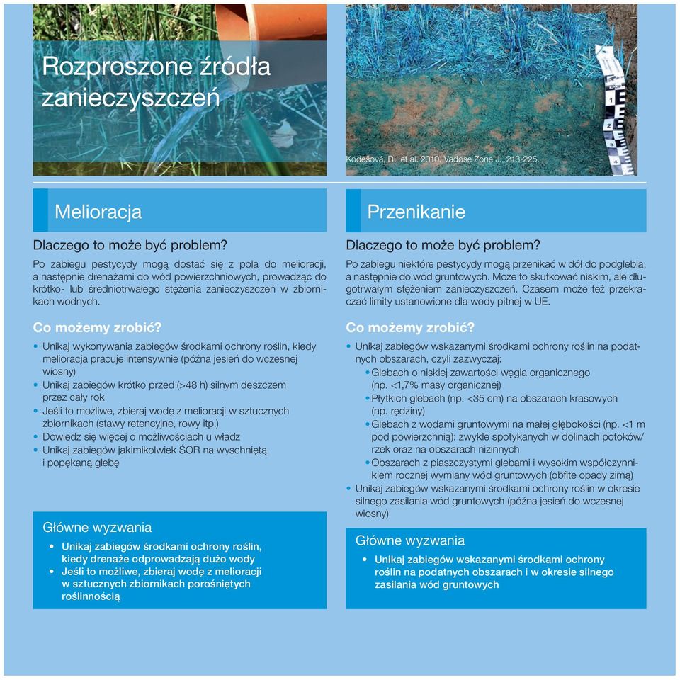 Unikaj wykonywania zabiegów środkami ochrony roślin, kiedy melioracja pracuje intensywnie (późna jesień do wczesnej wiosny) Unikaj zabiegów krótko przed (>48 h) silnym deszczem przez cały rok Jeśli