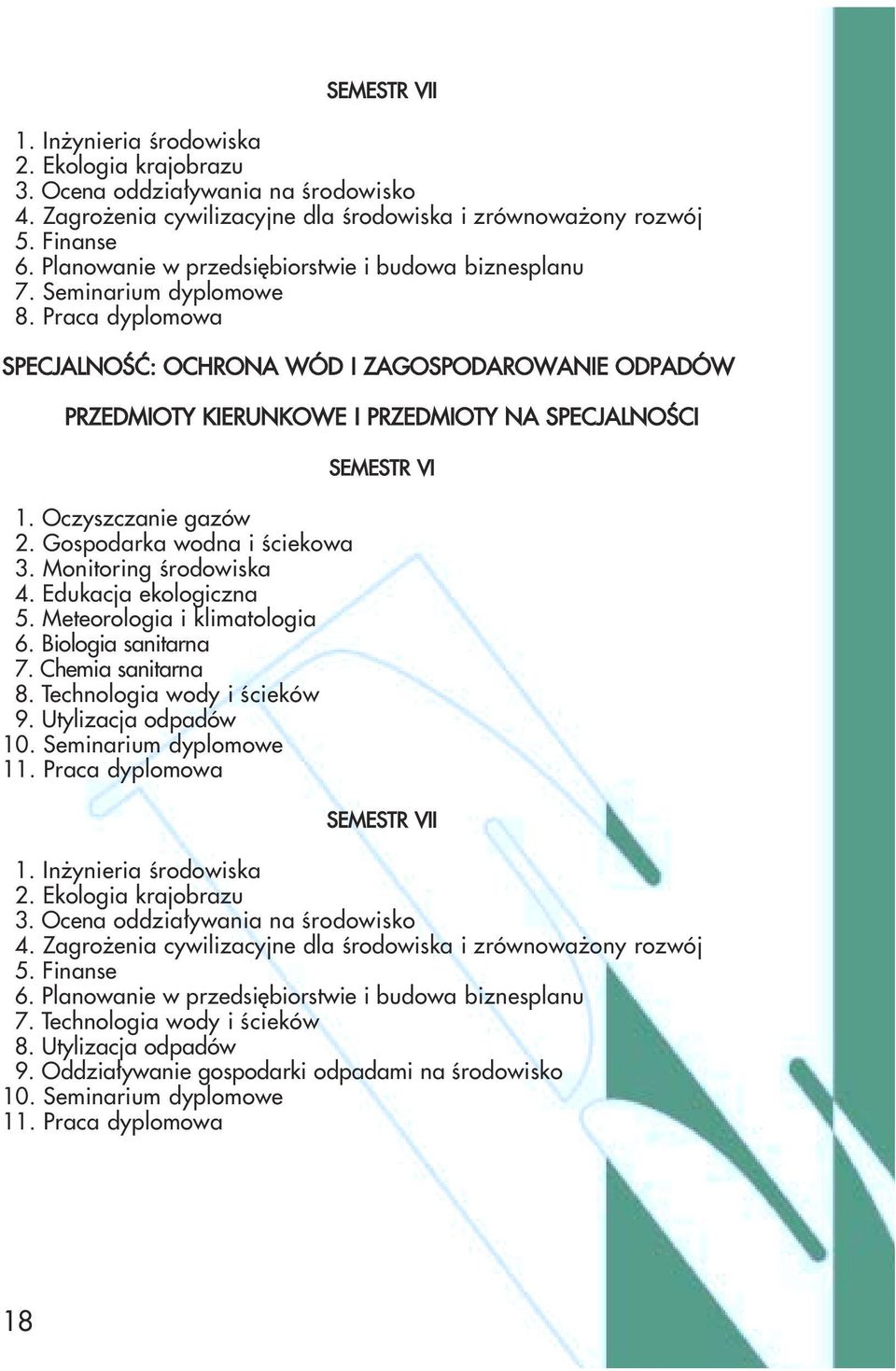 Gospodarka wodna i ściekowa 3. Monitoring środowiska 4. Edukacja ekologiczna 5. Meteorologia i klimatologia 6. Biologia sanitarna 7. Chemia sanitarna 8. Technologia wody i ścieków 9.