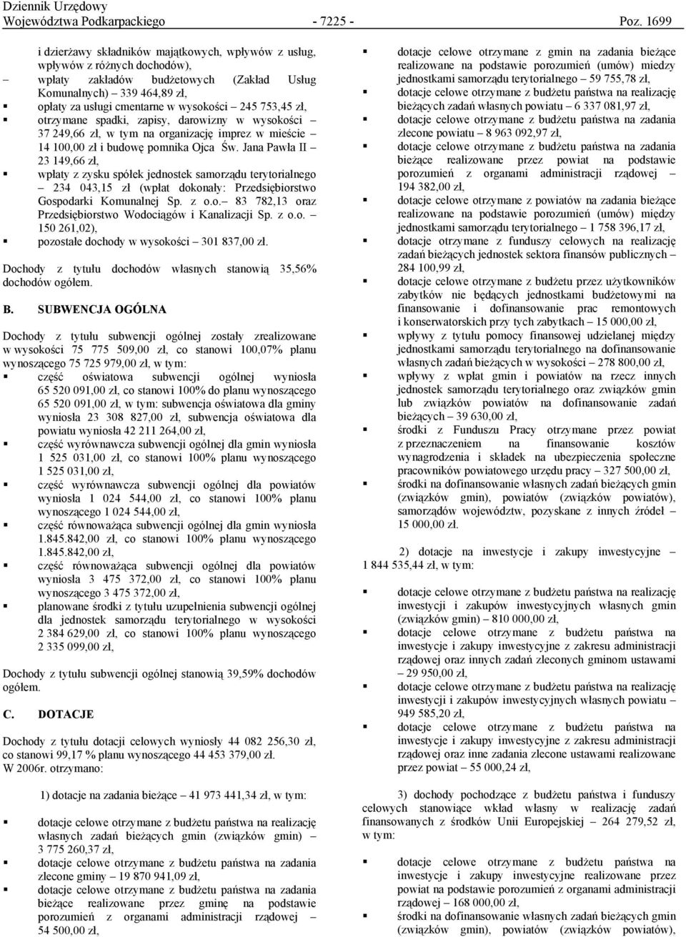 753,45 zł, otrzymane spadki, zapisy, darowizny w wysokości 37 249,66 zł, w tym na organizację imprez w mieście 14 100,00 zł i budowę pomnika Ojca Św.