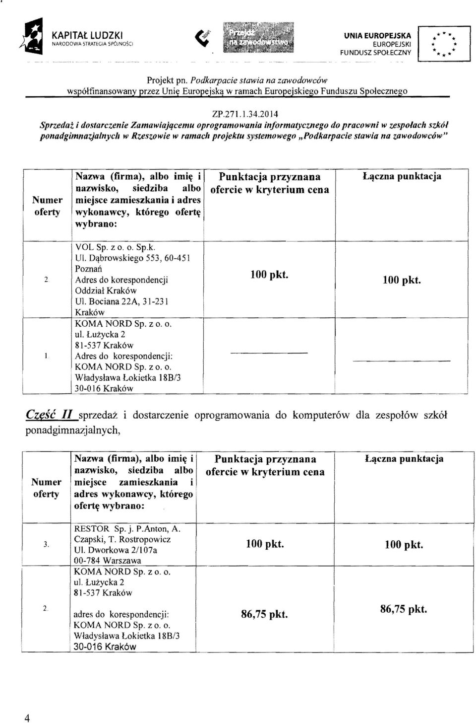 Nazwa (frma), albo ml( nazwsko, sedzba albo mejsce zameszkana adres wykonawcy, kt6rego ofertl( wybrano: Punktacja przyznana oferce w kryterum cena U.