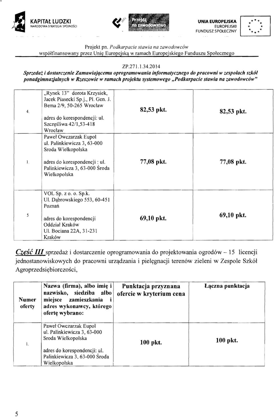 "Rynek 13" dorota Krzysek, Jacek Paseck Sp.j., P. Gen. J. Bema 2/9,50-265 Wrodaw 4. 82,53 pkt. 82,53 pkt. adres do korespondencj: ul. Szczxslwa 42/1,53-418 Wroclaw ul.