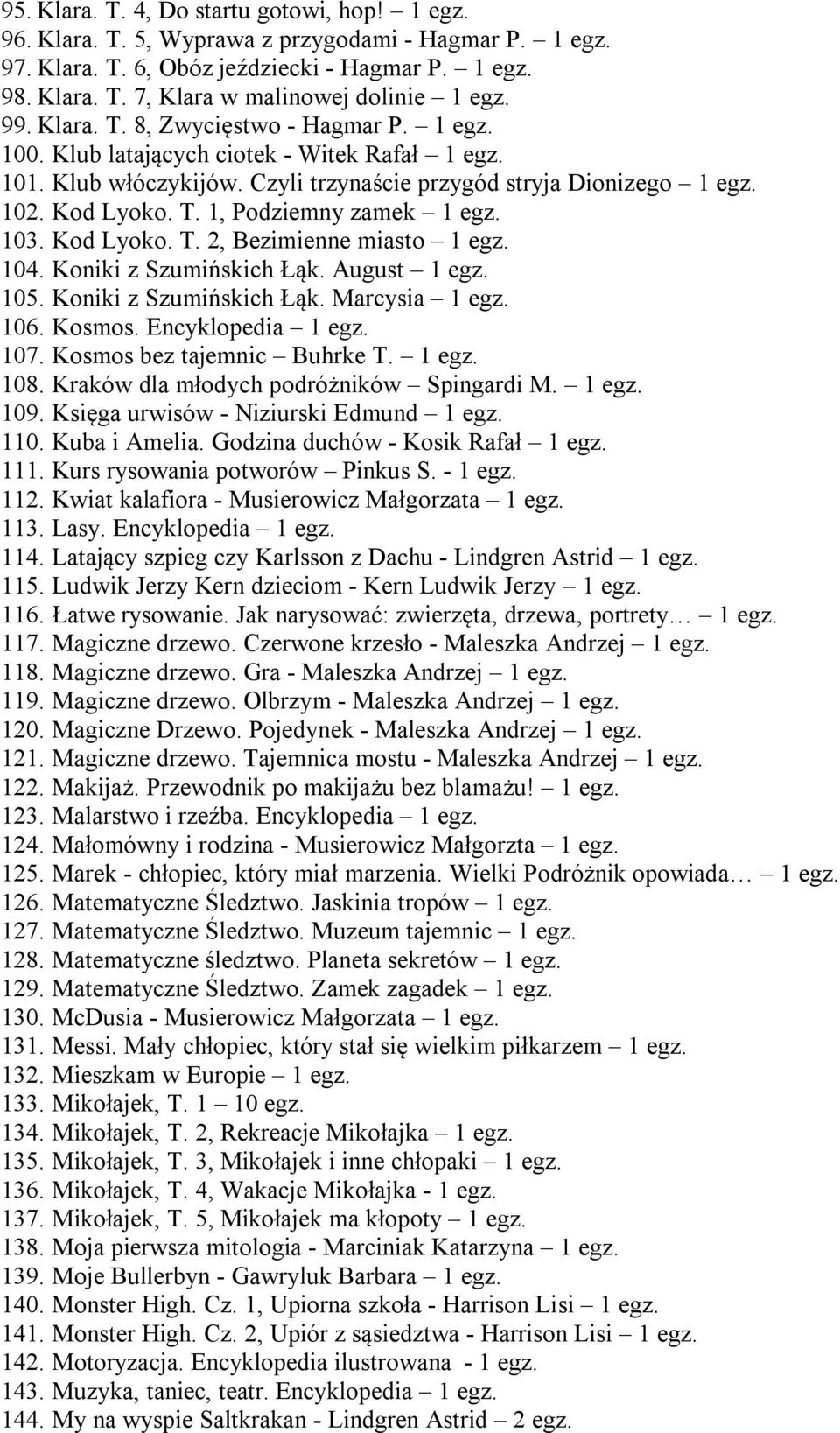 103. Kod Lyoko. T. 2, Bezimienne miasto 1 egz. 104. Koniki z Szumińskich Łąk. August 1 egz. 105. Koniki z Szumińskich Łąk. Marcysia 1 egz. 106. Kosmos. Encyklopedia 1 egz. 107.