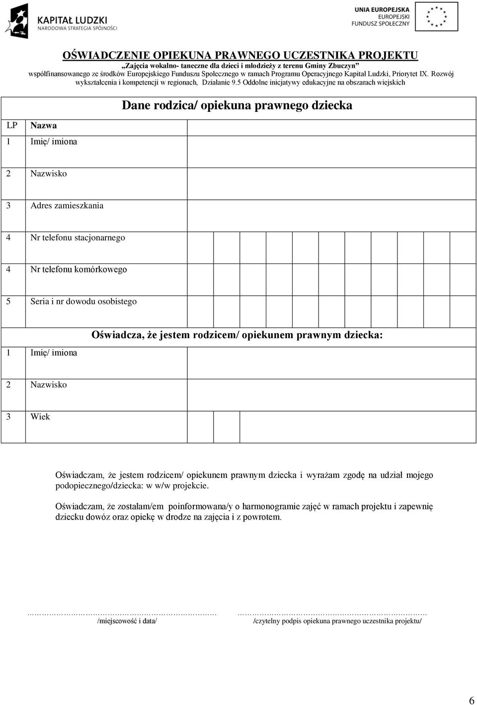 5 Oddolne inicjatywy edukacyjne na obszarach wiejskich Nazwa 1 Imię/ imiona Dane rodzica/ opiekuna prawnego dziecka 2 Nazwisko 3 Adres zamieszkania 4 Nr telefonu stacjonarnego 4 Nr telefonu