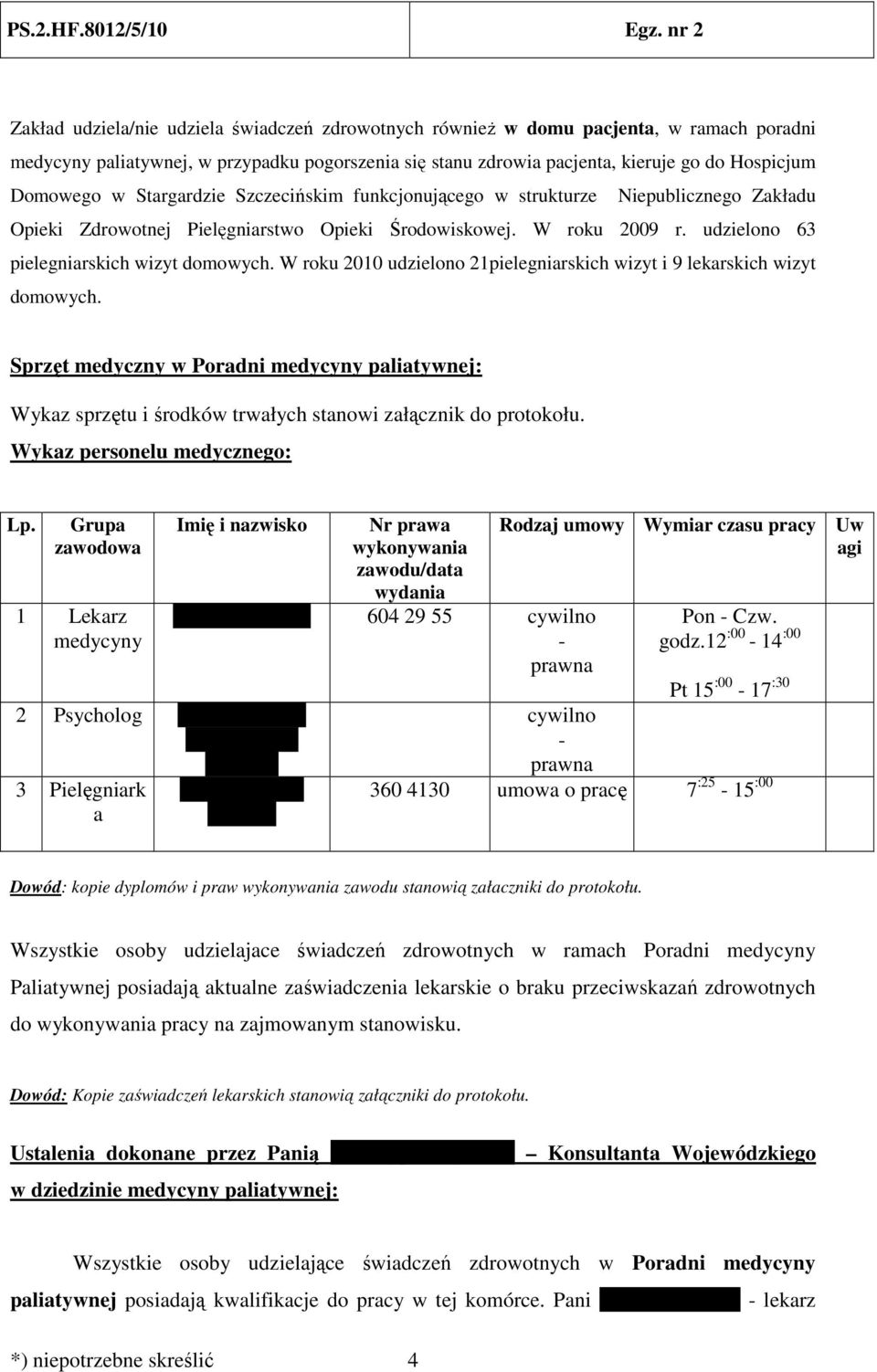 W roku 2010 udzielono 21pielegniarskich wizyt i 9 lekarskich wizyt. Sprzęt medyczny w Poradni medycyny paliatywnej: Wykaz sprzętu i środków trwałych stanowi załącznik do protokołu.