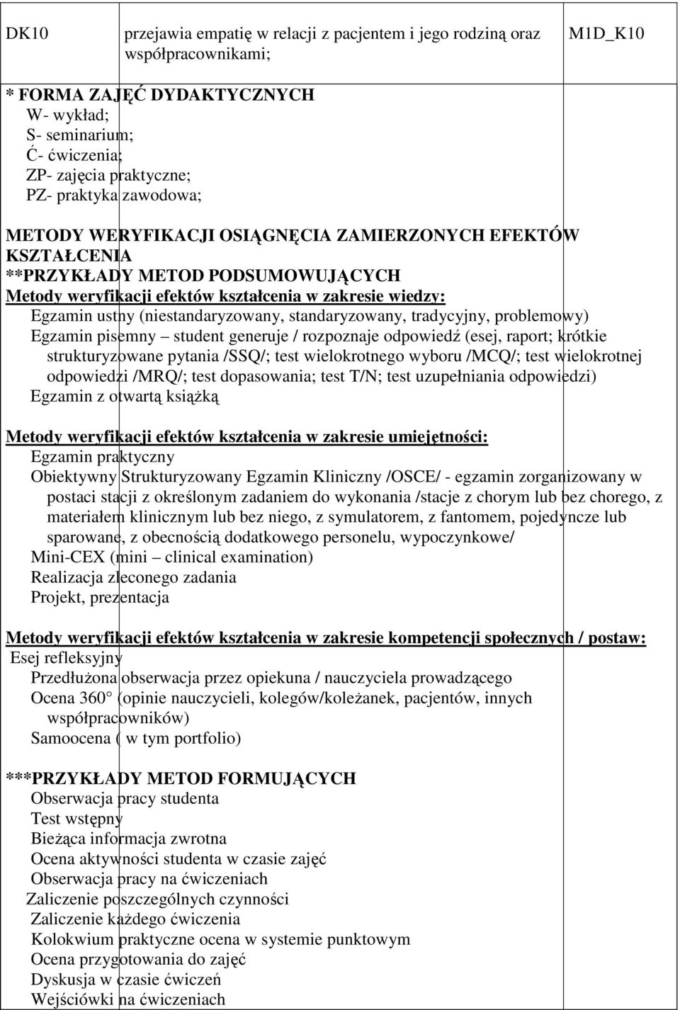 standaryzowany, tradycyjny, problemowy) Egzamin pisemny student generuje / rozpoznaje odpowiedź (esej, raport; krótkie strukturyzowane pytania /SSQ/; test wielokrotnego wyboru /MCQ/; test