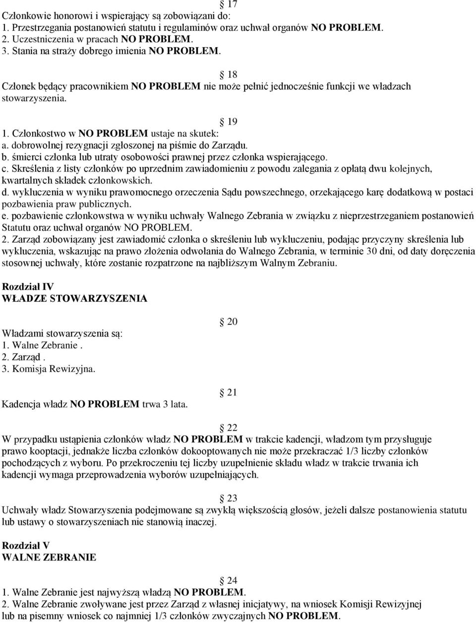 Członkostwo w NO PROBLEM ustaje na skutek: a. dobrowolnej rezygnacji zgłoszonej na piśmie do Zarządu. b. śmierci cz