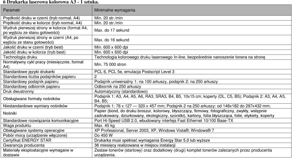 600 x 600 dpi Technologia druku Technologia kolorowego druku laserowego In-line, bezpośrednie nanoszenie tonera na stronę Normatywny cykl pracy (miesięcznie, format A4) Min.