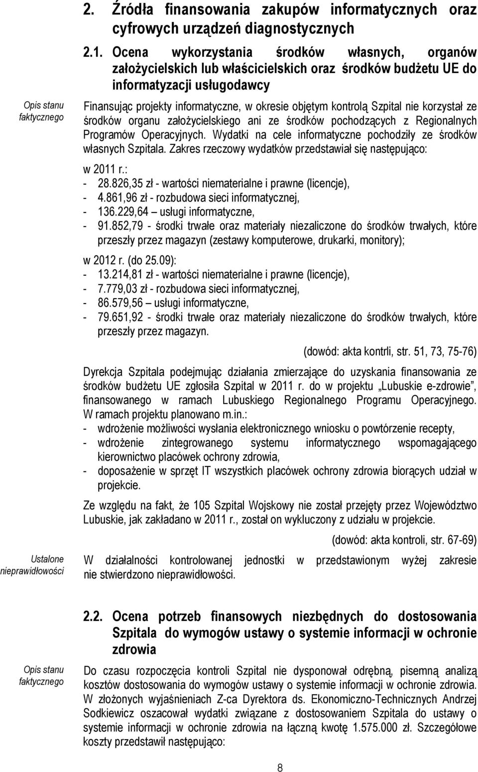 Szpital nie korzystał ze środków organu założycielskiego ani ze środków pochodzących z Regionalnych Programów Operacyjnych. Wydatki na cele informatyczne pochodziły ze środków własnych Szpitala.