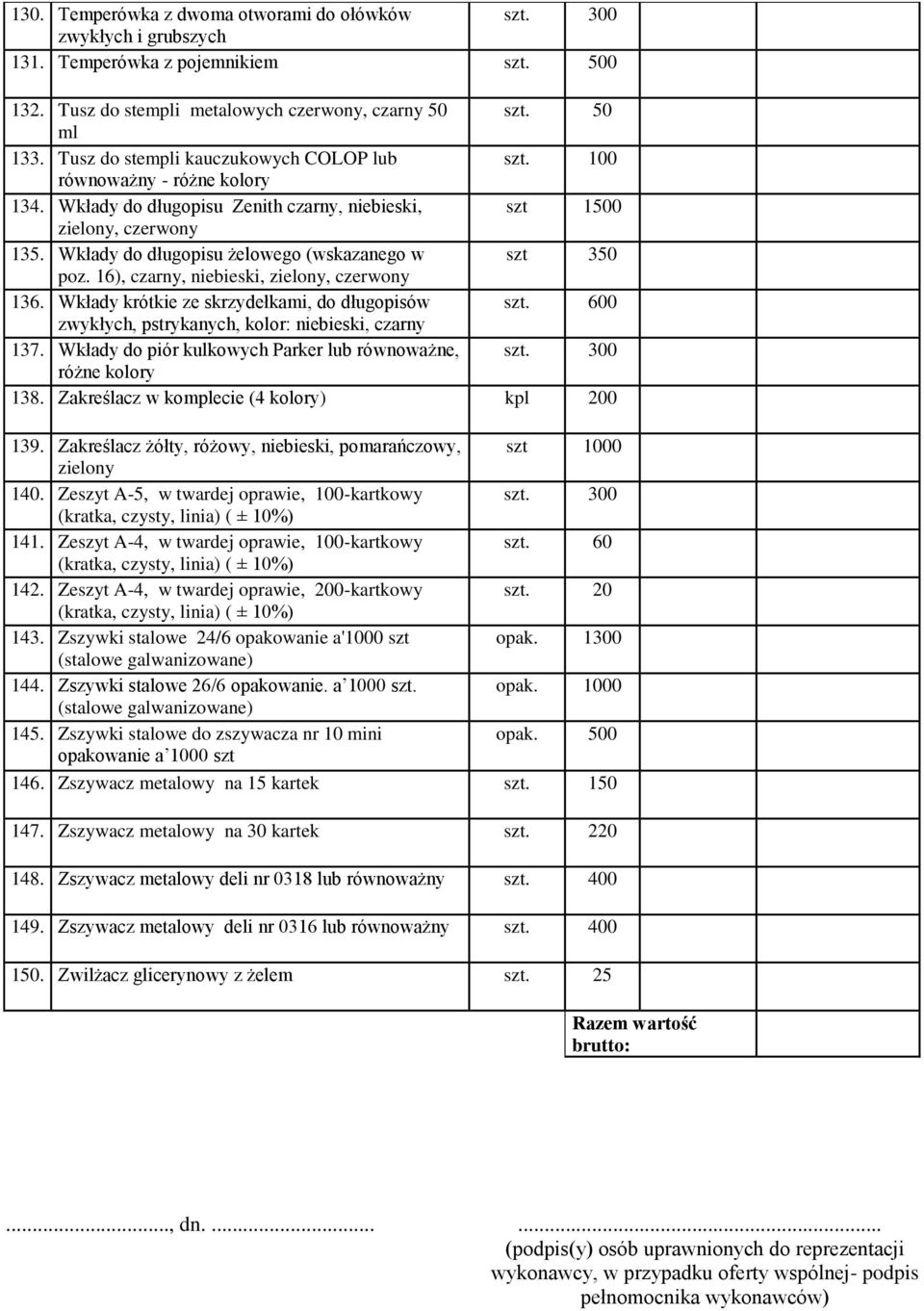 Wkłady do długopisu żelowego (wskazanego w szt 350 poz. 16), czarny, niebieski, zielony, czerwony 136. Wkłady krótkie ze skrzydełkami, do długopisów szt.