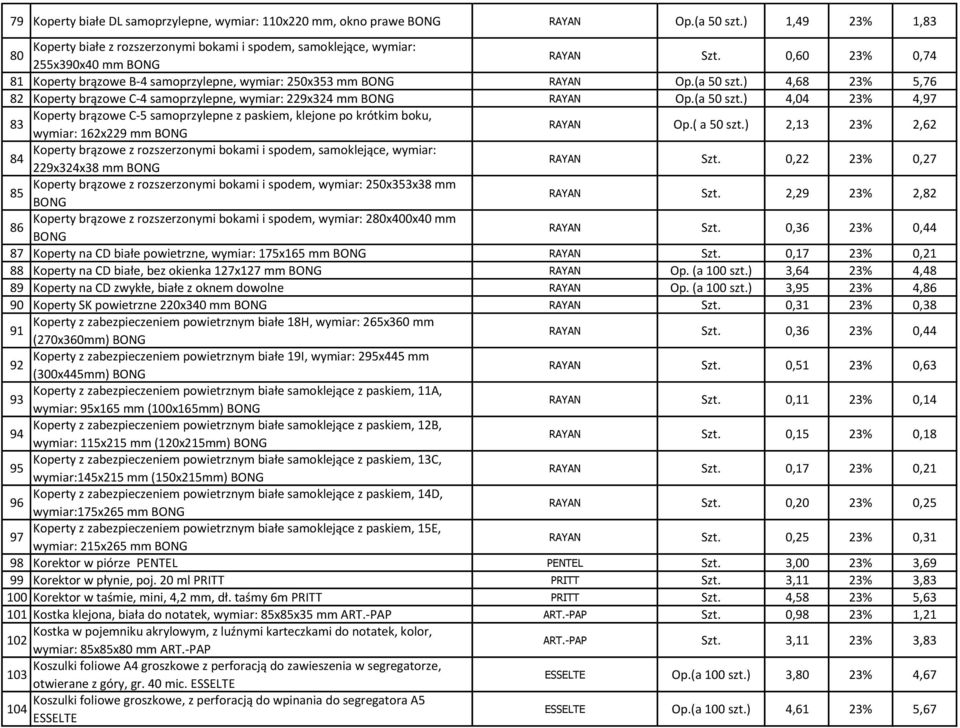 0,60 23% 0,74 81 Koperty brązowe B-4 samoprzylepne, wymiar: 250x353 mm BONG RAYAN Op.(a 50 szt.