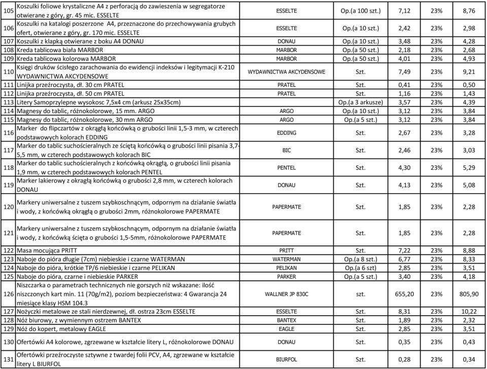 ) 2,42 23% 2,98 107 Koszulki z klapką otwierane z boku A4 DONAU DONAU Op.(a 10 szt.) 3,48 23% 4,28 108 Kreda tablicowa biała MARBOR MARBOR Op.(a 50 szt.