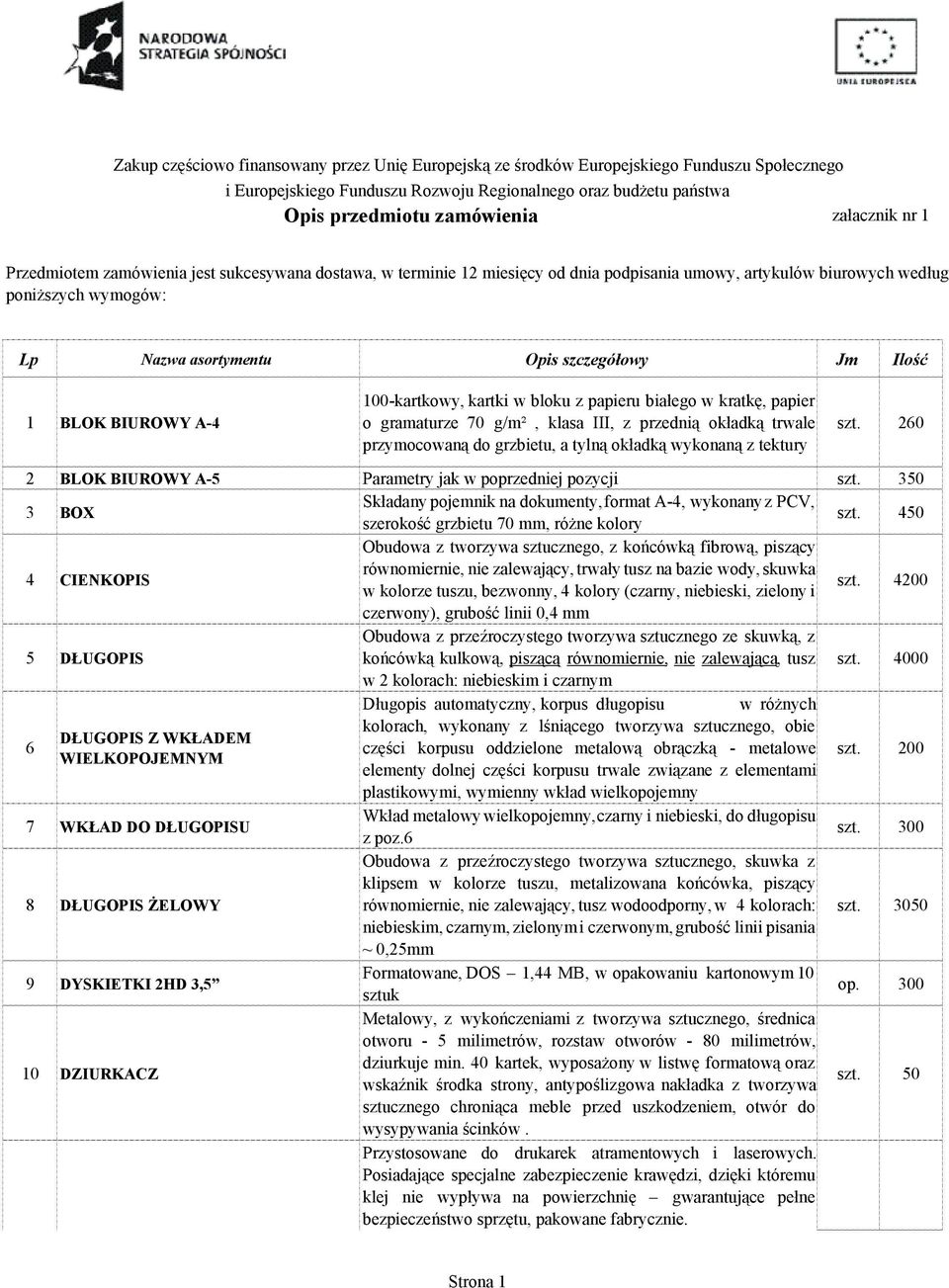 BLOK BIUROWY A-4 100-kartkowy, kartki w bloku z papieru białego w kratkę, papier o gramaturze 70 g/m², klasa III, z przednią okładką trwale przymocowaną do grzbietu, a tylną okładką wykonaną z