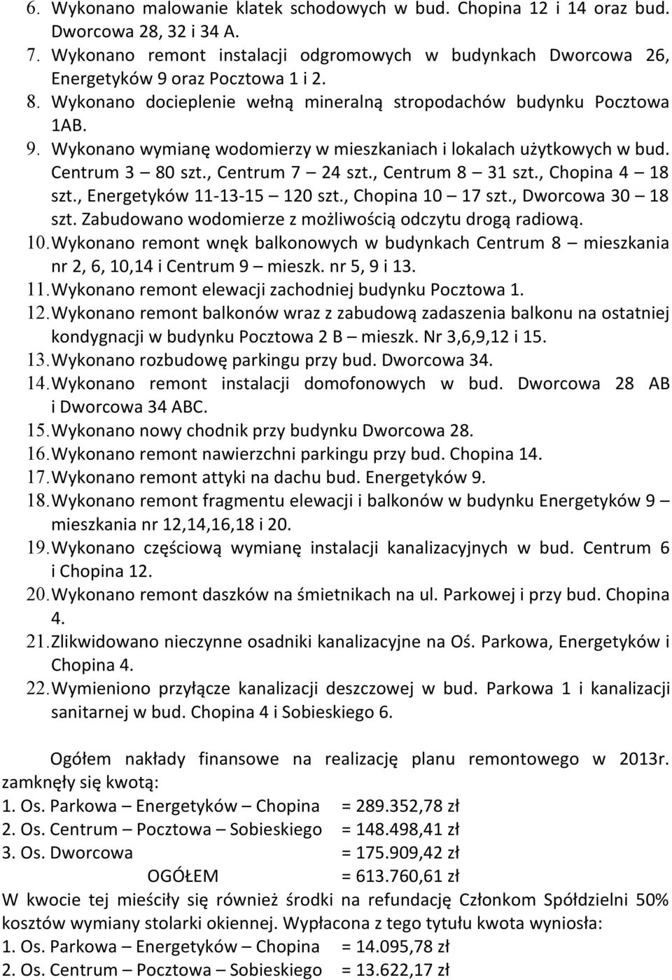 , Centrum 8 31 szt., Chopina 4 18 szt., Energetyków 111315 120 szt., Chopina 10 17 szt., Dworcowa 30 18 szt. Zabudowano wodomierze z możliwością odczytu drogą radiową. 10.Wykonano remont wnęk balkonowych w budynkach Centrum 8 mieszkania nr 2, 6, 10,14 i Centrum 9 mieszk.