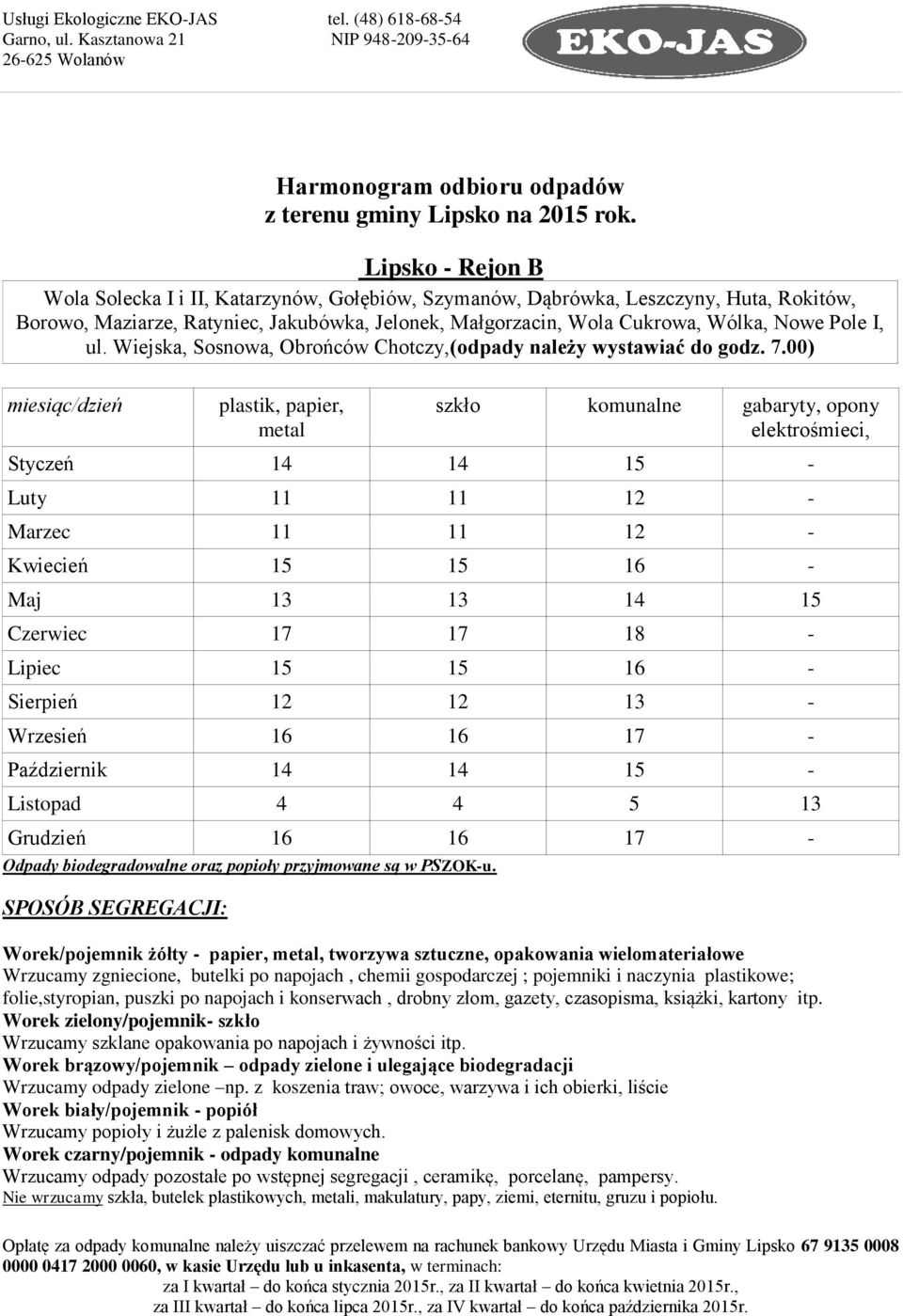 I, ul. Wiejska, Sosnowa, Obrońców Chotczy,(odpady należy wystawiać do godz. 7.