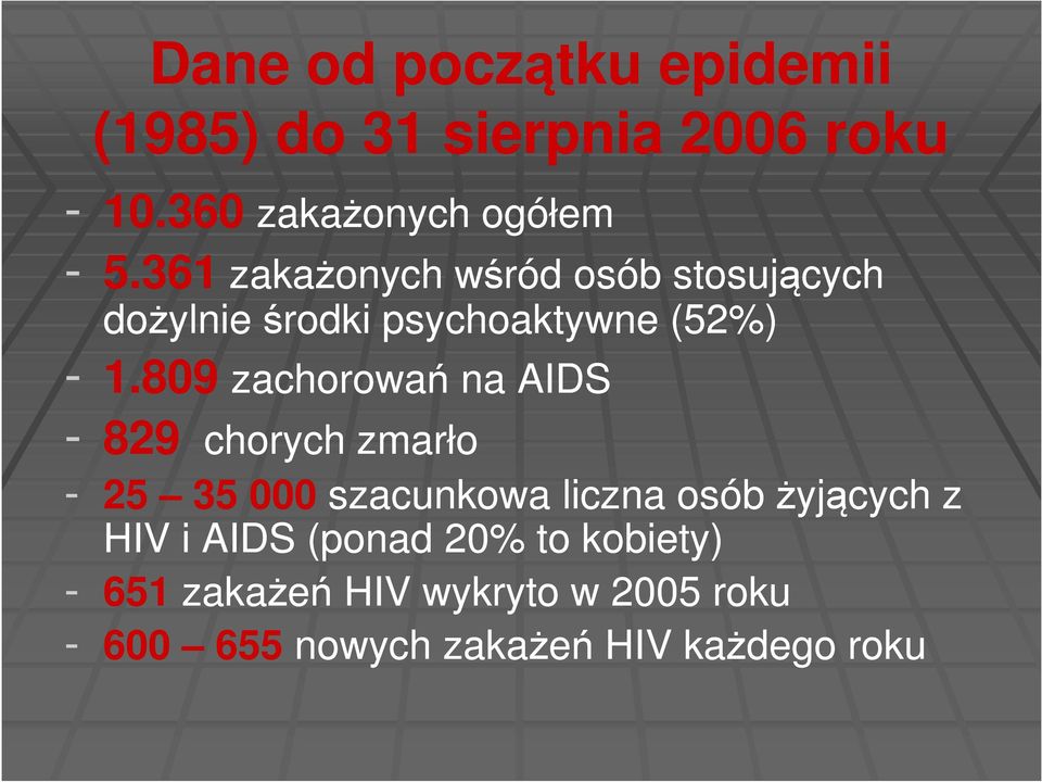 809 zachorowań na AIDS - 829 chorych zmarło - 25 35 000 szacunkowa liczna osób żyjących z