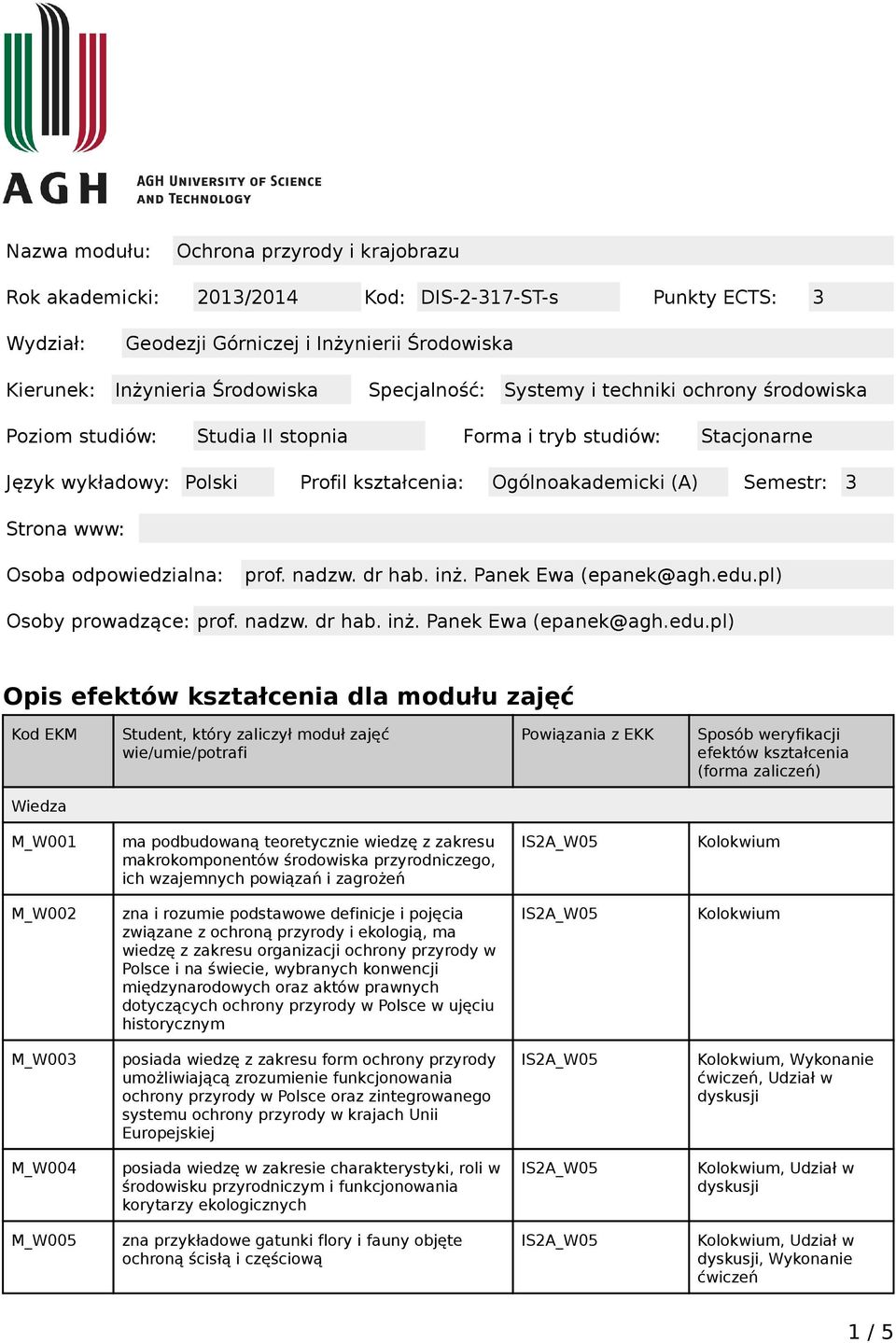 Strona www: Osoba odpowiedzialna: prof. nadzw. dr hab. inż. Panek Ewa (epanek@agh.edu.