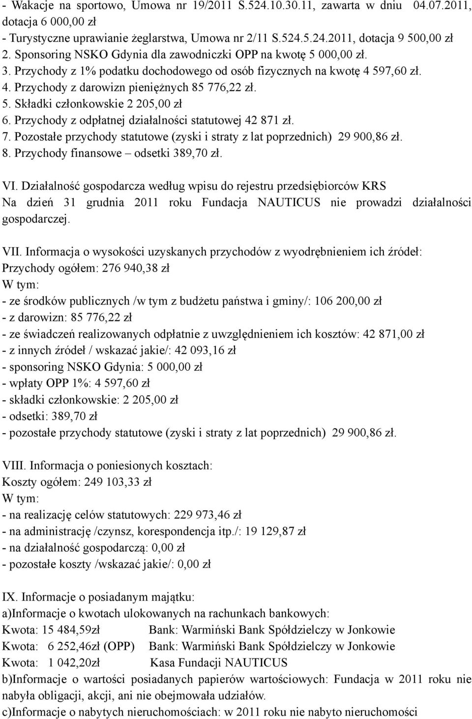 Przychody z odpłatnej działalności statutowej 42 871 zł. 7. Pozostałe przychody statutowe (zyski i straty z lat poprzednich) 29 900,86 zł. 8. Przychody finansowe odsetki 389,70 zł. VI.