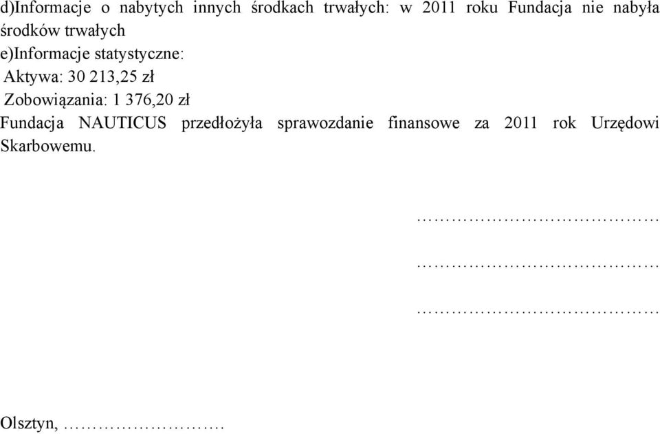 Aktywa: 30 213,25 zł Zobowiązania: 1 376,20 zł Fundacja NAUTICUS