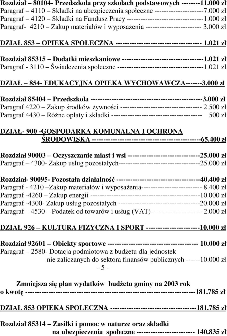 000 zł DZIAŁ 853 OPIEKA SPOŁECZNA ------------------------------------- 1.021 zł Rozdział 85315 Dodatki mieszkaniowe -----------------------------------1.