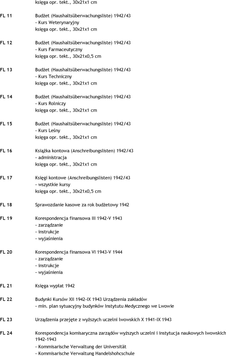 - Kurs Leśny FL 16 KsiąŜka kontowa (Anschreibungslisten) 1942/43 - administracja FL 17 Księgi kontowe (Anschreibungslisten) 1942/43 - wszystkie kursy księga opr. tekt.